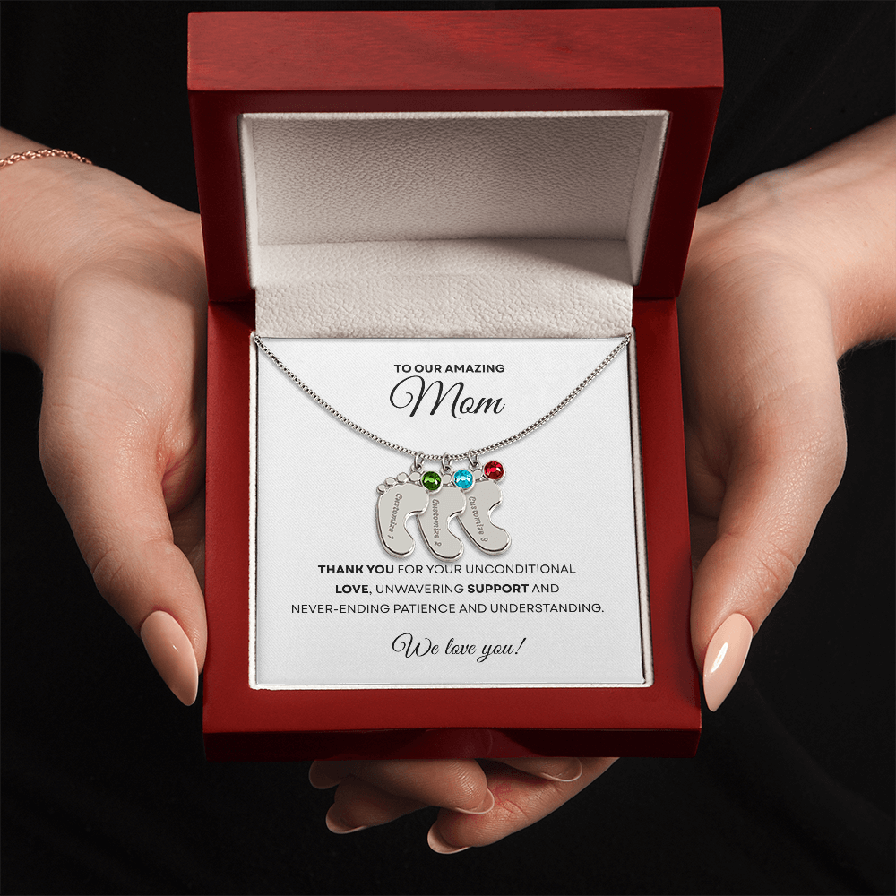 Personalized Mommy Gift Baby Feet Necklace with Birthstone | Mother's Day Gift | Custom Kid Name