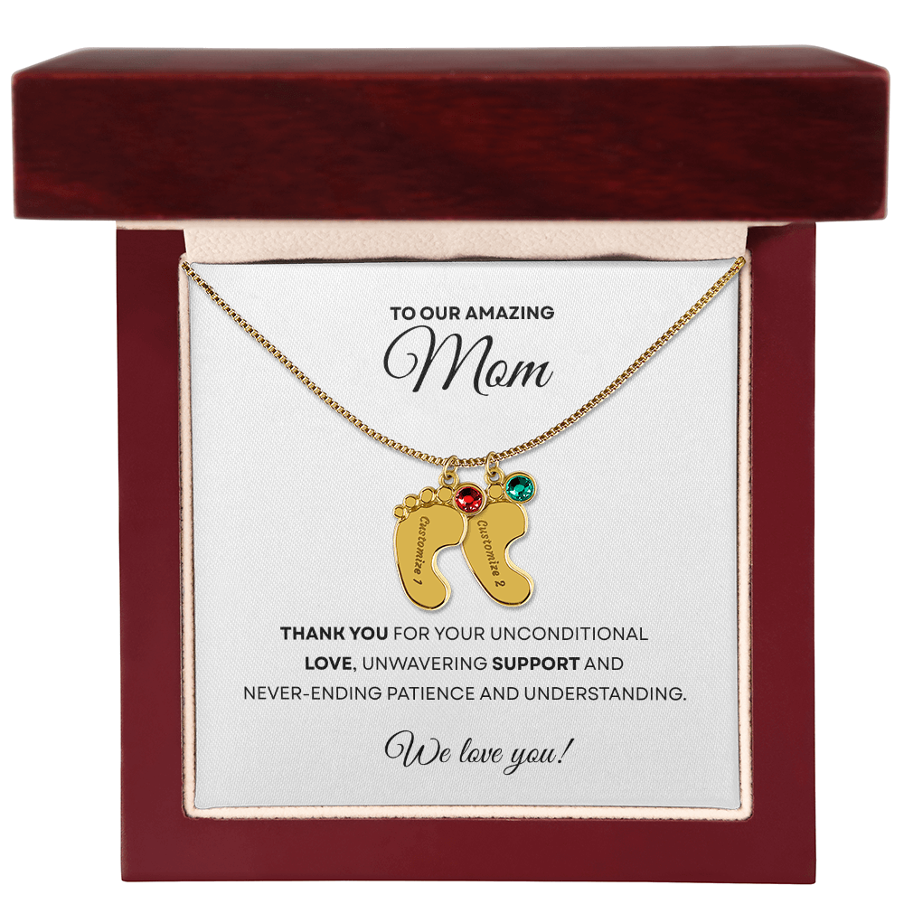 Personalized Mommy Gift Baby Feet Necklace with Birthstone | Mother's Day Gift | Custom Kid Name