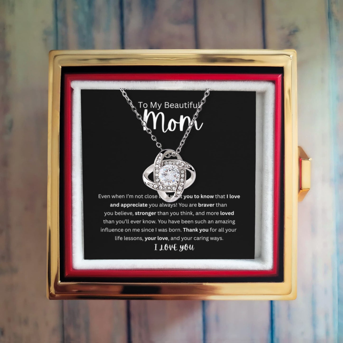 To My Beautiful Mom Love Knot Necklace With Rotating Rose Gift Box