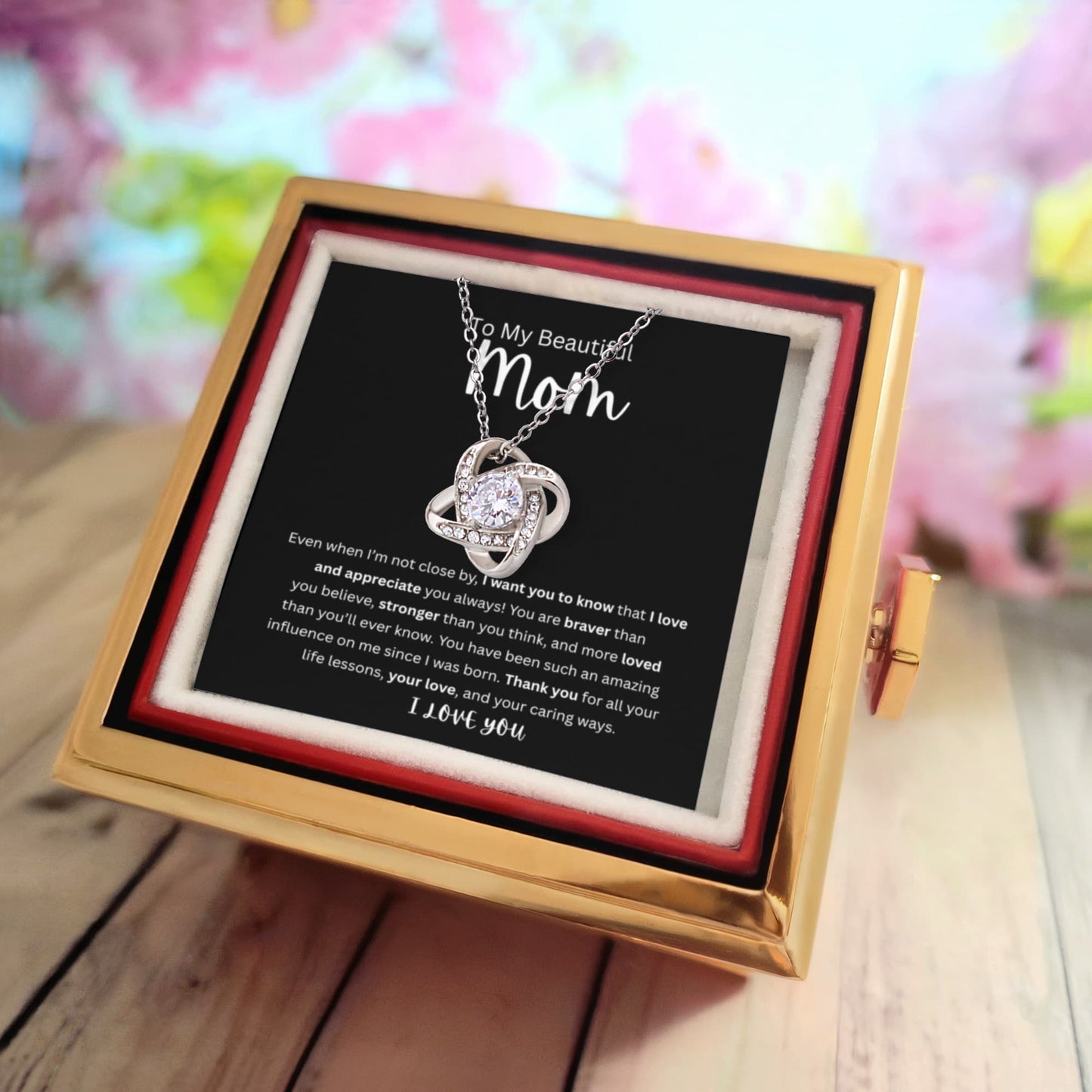 To My Beautiful Mom Love Knot Necklace With Rotating Rose Gift Box