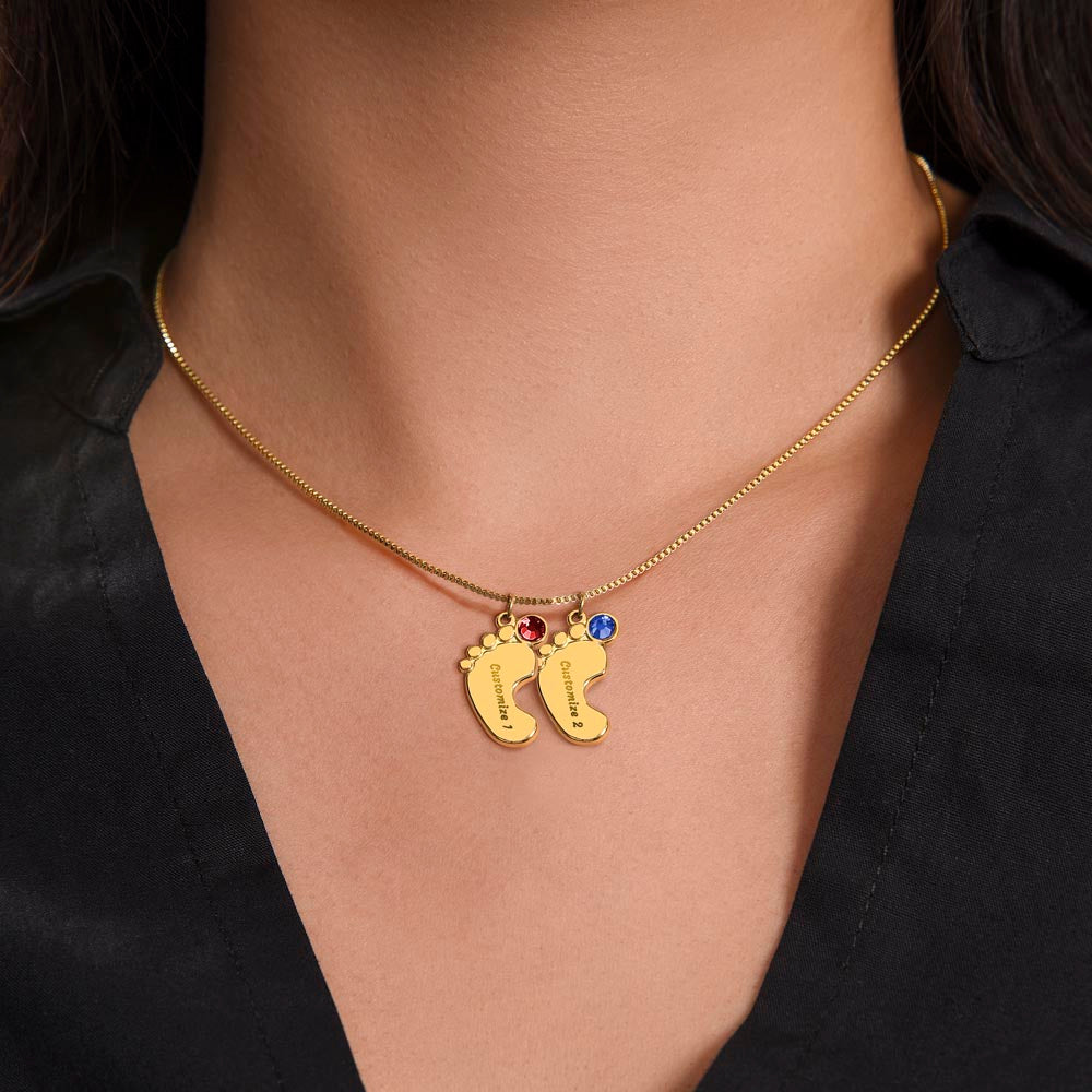 Personalized  Mommy Gift Baby Feet Necklace with Birthstone | Mother's Day Gift | Custom Kid Name