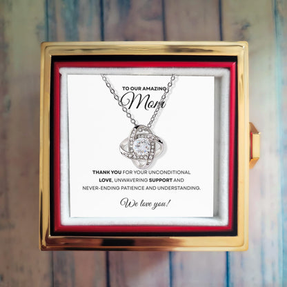 To our Amazing Mom  Love Knot Necklace with Rotating Rose Gift Box
