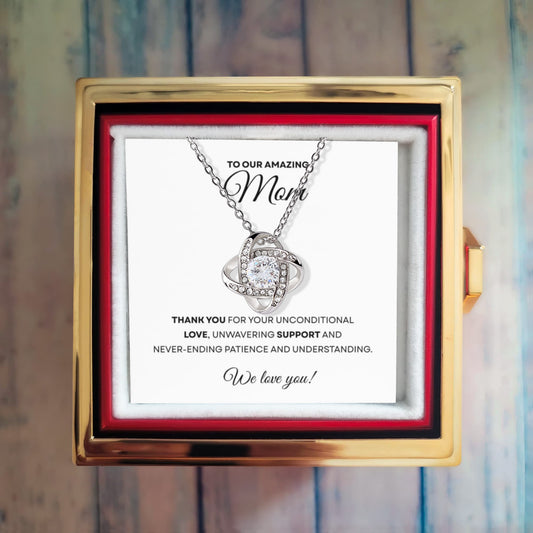 To our Amazing Mom  Love Knot Necklace with Rotating Rose Gift Box