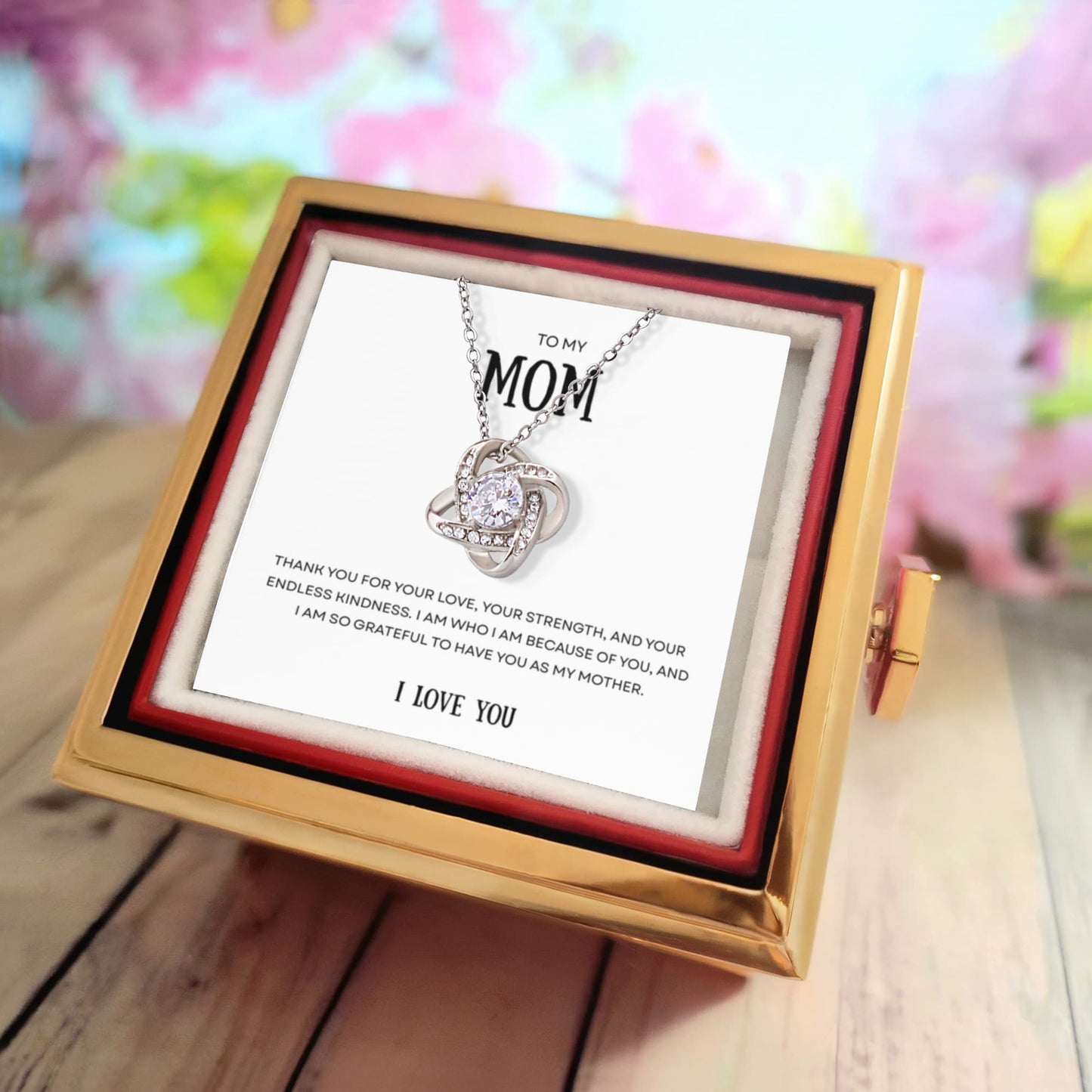 To my Mom Love Knot Necklace  with Rotating Rose Gift Box