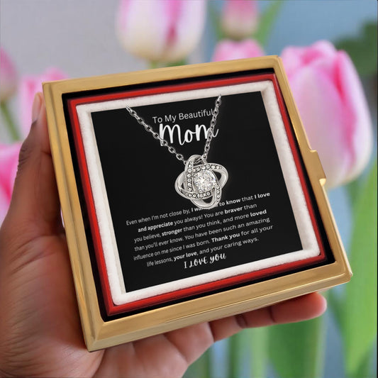 To My Beautiful Mom  Love Knot Necklace With Rotating Rose  Gift Box